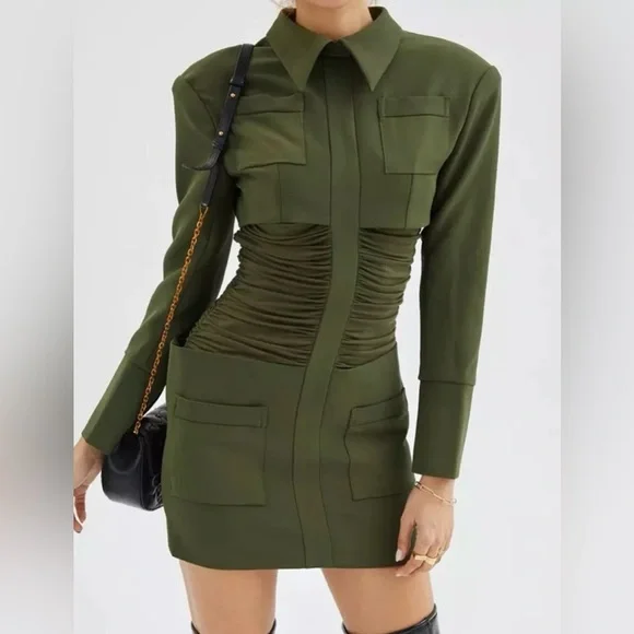 Army Green Uniform Ruched Mini Dress - Picture 2 of 7